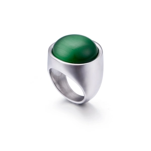 Wide band stainless steel ring with green cat eye stone setting in a 45-degree angle view