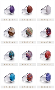 Detailed catalog of stainless steel signet rings with various colorful stone inlays