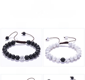 Detail view of adjustable braided lava rock and white turquoise couple bead bracelets