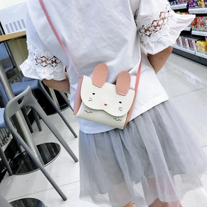 Kids cute rabbit crossbody bag with pink ears and floral embroidery in white faux leather
