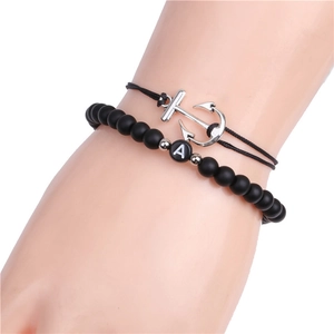 Tiger eye and matte black beads bracelet set with letter A and silver anchor charm