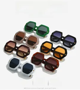 Detailed row of geometric hexagon sunglasses with metal rivets in seven vibrant colors
