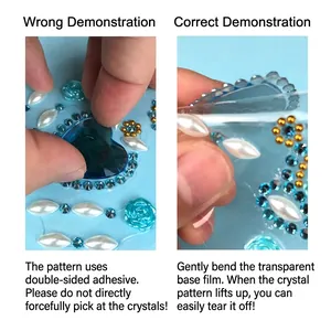Correct usage guide for 3D cartoon diamond stickers showing how to peel gems easily