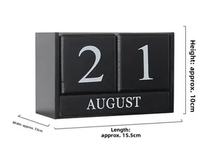 Close-up of black wooden perpetual calendar showing August 21 with dimensions 15.5x7.5x10cm