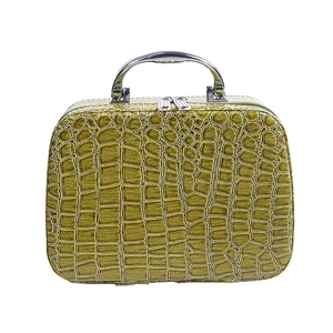 Green faux crocodile texture vanity case with silver metal handle and double zippers