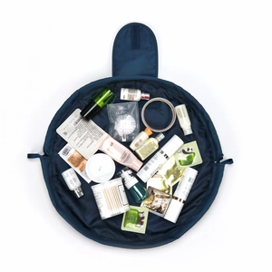 Portable navy blue waterproof drawstring makeup bag with large capacity flat lay storage