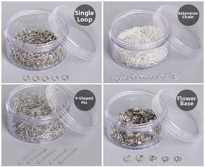 DIY jewelry making kit including silver jump rings, chains, and pins in a clear box