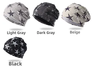 Detailed view of knitted beanies in light grey, dark grey, beige, and black colors