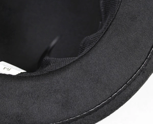 Detail view of the black wool fedora inner lining with sweatband and size 54 label