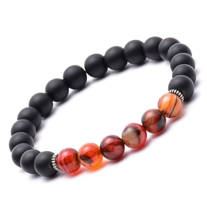 Bracciale da 8mm in pietra naturale con lava nera e perline di agata marrone-rosso