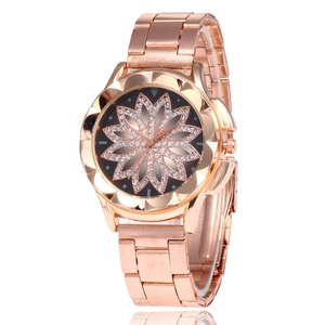 Montre Femme Quartz Or Rose Bracelet Acier Inoxydable Strass Cadran Fleur Brillant Élégant Mode