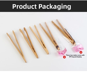 Detailed view of four bamboo tea tweezers with different tips and clear OPP packaging