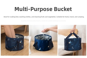 Detail view of foldable blue foot wash bag with handles showing multi-purpose scenarios