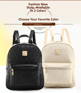 Detail view of stylish textured backpacks in black and beige with metallic logo plaques