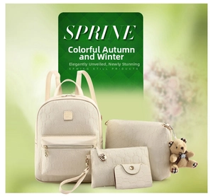 Fashionable beige PU leather backpack set with 4 pieces and bear pendant accessory
