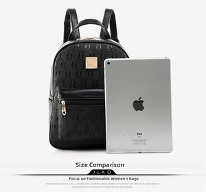 Black leather backpack size comparison with an iPad showing its medium capacity