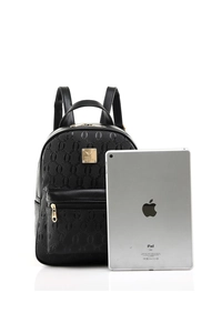 Mini black PU leather backpack with geometric pattern shown next to iPad for size comparison