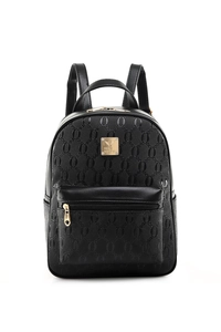 Detailed macro view of black embossed leather backpack with gold hardware and logo