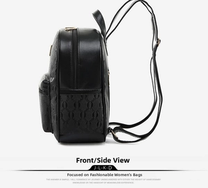 Side view of a black leather backpack with embossed chain texture and gold hardware details