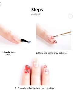 Operating steps for nail art brushes showing detailed heart and grid pattern techniques