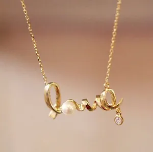 Clavicle Necklace Alloy Artificial Pearl Rhinestone Cursive Love Letter Pendant Korean Style Elegant Jewelry For Women
