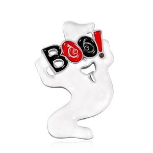 Detail of a white enamel ghost brooch with silver trim and BOO! text for Halloween