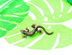 Detail of gecko brooch with black crystals and blue stone eyes on leaf fabric