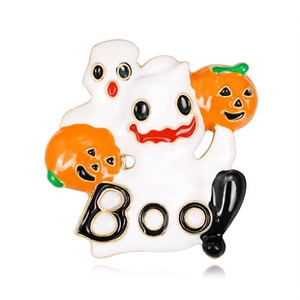 Detail of Halloween ghost and pumpkin enamel brooch with Boo lettering on white background