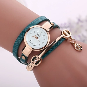 Women's rose gold watch with emerald green snake-pattern leather multi-wrap strap