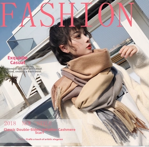 Close-up of thick cashmere-like scarf showing soft earth-tone texture and fringe details