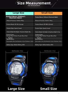 Detailed size specifications for kids digital sports watches in two different models