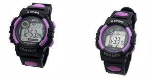 Macro shot of black and purple kids' waterproof digital sports watch with quartz movement