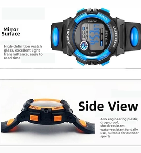 Detailed view of kids digital sports watch with durable blue and orange cases