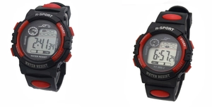 Macro detail of R-SPORT digital watch NT-888-2 with dual black and red casing