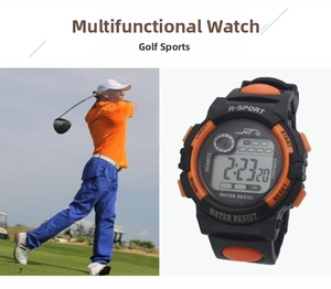 Close-up of digital sports watch with date, stopwatch, and water resist features