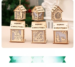 Close-up of wooden Christmas hanging ornaments with LED light and Merry Christmas text