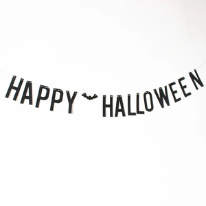 Halloween decorative black paper banner featuring Happy Halloween text and bat design