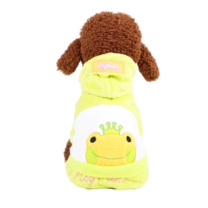 Close-up of soft coral fleece pet hoodie featuring green frog pattern and embroidery