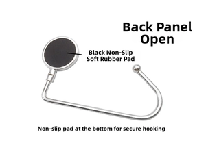 Silver folding table hook for bags with black non-slip rubber pad and metal structure