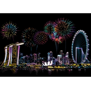 Singapore skyline scratch art kit with Marina Bay Sands and fireworks on black background