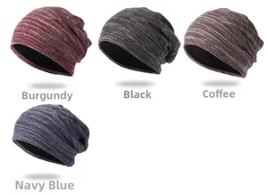 Detailed knit hats in burgundy, black, coffee, and navy with warm fleece lining texture