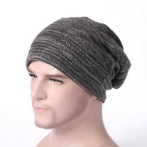 Unisex striped slouchy knit beanie hat in mixed grey tones for winter warmth