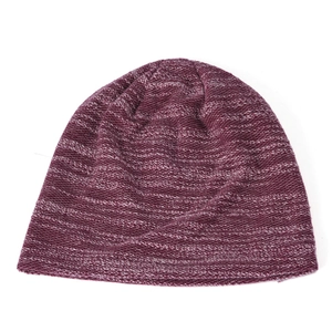 Detailed knit texture of heathered purple and white striped winter beanie hat