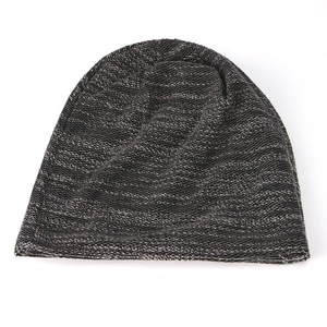 Close-up of heathered dark grey knit beanie showing thick texture and reinforced stitching