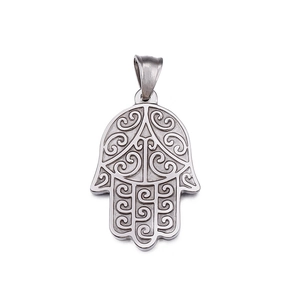 Silver stainless steel Hamsa hand pendant with intricate swirl patterns on white background
