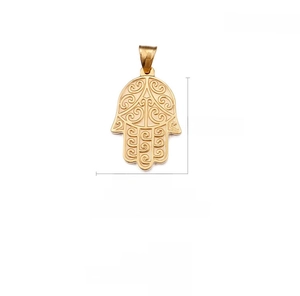 Detail view of gold-plated Hamsa pendant measuring 36mm by 24mm with ornate engraving