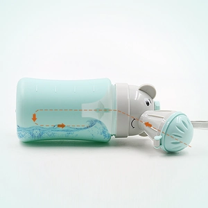 Portable leakproof urinal for boys featuring a green bear head design and graduated scale