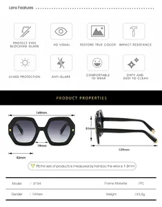 Size chart for unisex hexagonal PC sunglasses with UV400 and product dimensions