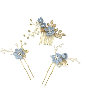 Detailed set of blue fabric flower hair comb and pins with gold leaves and pearls