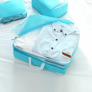 5-piece sky blue travel packing cube set with mesh panels for luggage organization